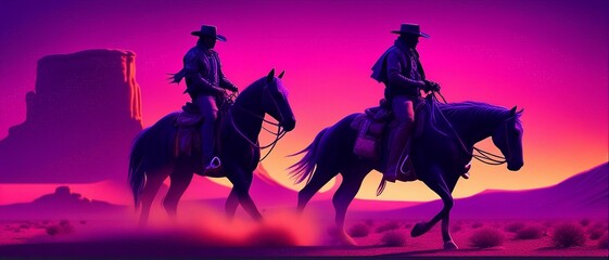 neon punk cowboy riding a horse through the desert, sunset, dust, western - obrazy, fototapety, plakaty