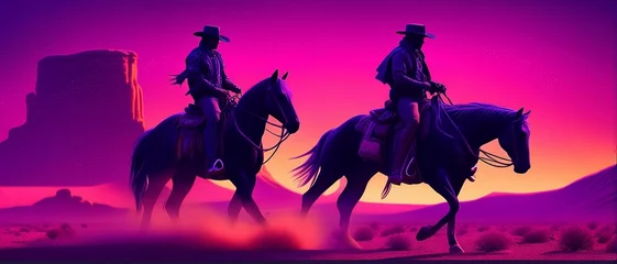 Poster neon punk cowboy riding a horse through the desert, sunset, dust, western © Crimz0n