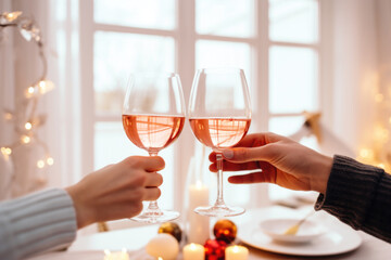 People toasting with glasses of rose wine celebrating holidays, beautiful Christmas table setting and decoration in the background