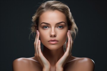 Fototapeta premium beautiful woman with beauty face touching healthy facial skin portrait, skin care, cosmetology, beauty and spa concept
