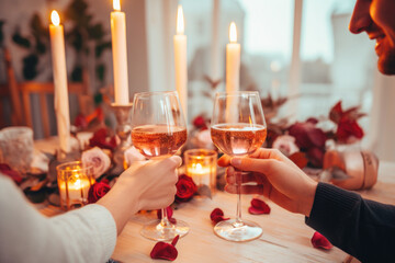 Obraz premium Couple toasting with glasses of rose wine celebrating holidays, beautiful Christmas table setting and decoration in the background