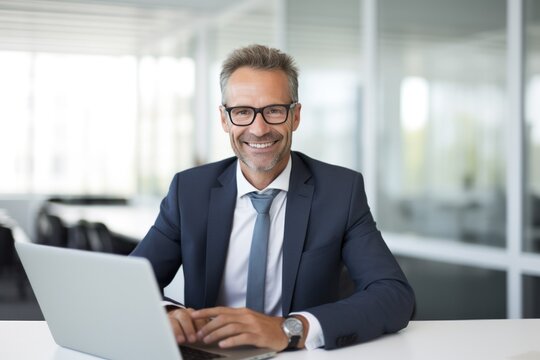 smiling mature adult business man executive sitting at desk using laptop, mid aged businessman ceo manager working on computer corporate technology in office