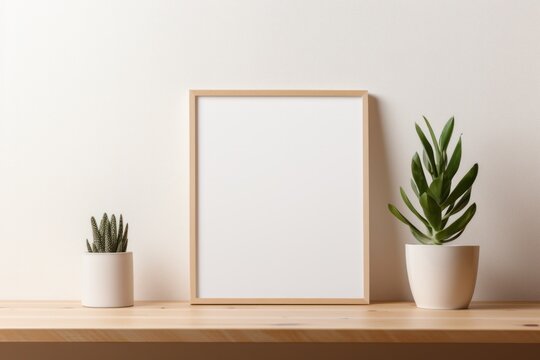 poster frame mockup with a green plant on wooden table, white wall background