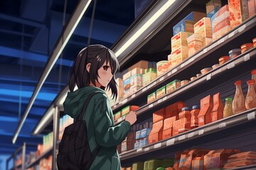 shopping in supermarket, with anime style - obrazy, fototapety, plakaty