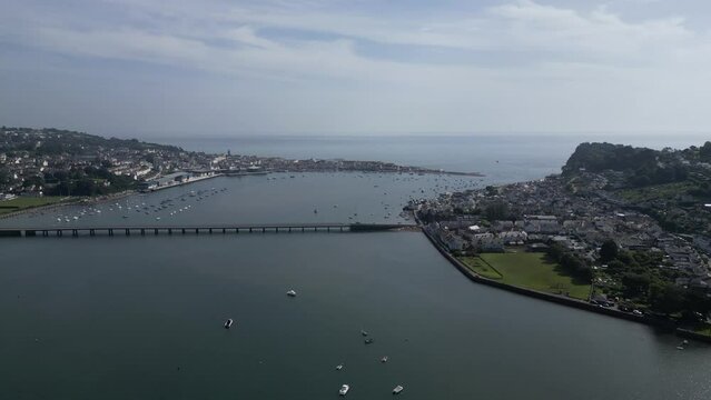 River Teign, South Devon, England: DRONE VIEWS: River Teign and bridge; Shaldon & the Ness escarpment (right of river); Teignmouth & the Docks (left). Teignmouth is a popular UK holiday resort.