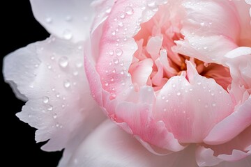 Tender pink peony with small water droplets in macro. Flower bud in bloom. Valentines Day, Romance, wedding, invitation card concept, Generative AI