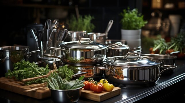 Stainless steel kitchen utensils and utensils on the kitchen table