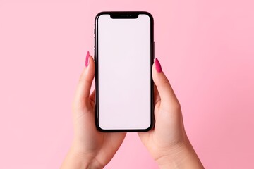 Woman using smart phone on pink background. Closeup of female hands with natural manicure with a mobile phone. Online shopping, business, education, communication concept. Generative AI