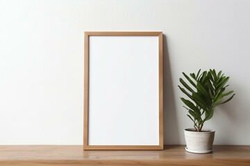 Simple wooden frame display on blank surface. Generative AI