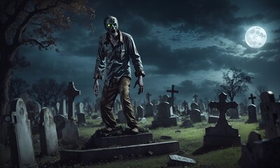 Fototapeta premium Cemetery Full Moon Zombie Halloween Horror Tombstones Artwork ai generated