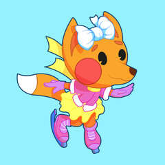 Cute little fox in a skirt and a bow, skating. Isolated icon concept of fun, skating rink, sport, winter. flat cartoon style