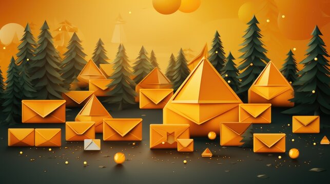 Paper envelope with golden envelope in the forest, AI
