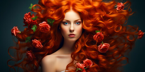 beautiful gorgeous red-haired girl with flowers in volume hair and with blue eyes. beauty concept