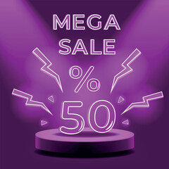 Purple podium with neon elements, 50 percent discount and mega sale lettering. Vector illustration abstract scene with discount