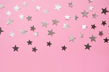 Obraz na płótnie Canvas Silver stars glittering confetti on pink background. Trendy festive holiday backdrop. Many star-shaped particles for a postcard, invintation or web, Generative AI