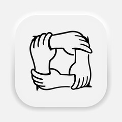 Unity and teamwork concept. Togetherness and cooperation icon. Group of four people holding arms. Help and supporting symbol. Vector EPS 10