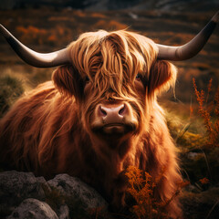 Highland Cow close up photo with blurred background