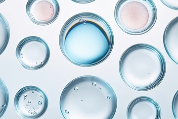 Many laboratory glass petri dish with drop of water, serum, oil, beauty product. Natural medicine, cosmetic research, bio science pattern. Concept of skincare, analysis. Dermatology. Generative AI - obrazy, fototapety, plakaty