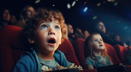 young boy in cinema looking shocked - obrazy, fototapety, plakaty
