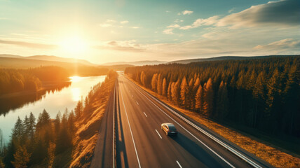 car on road with beautiful landscape at sunset. road trip and adventure