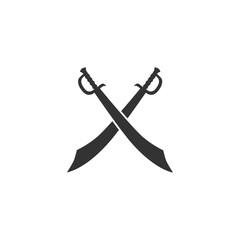 Crossed sabers, dadao bold black silhouette icon isolated on white. Swords, kindjal dagger pictogram, logo. Kirpans, pirate hijacking of ship symbol, blade weapon vector element for infographic, web