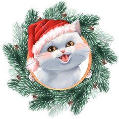 Cute white cat in Santa hat. Christmas illustration.
