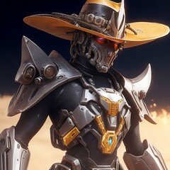 helmet on a black new mech in a futuristic style and wearing and metal shining hat in his heat like an cowboy style but its an metal one