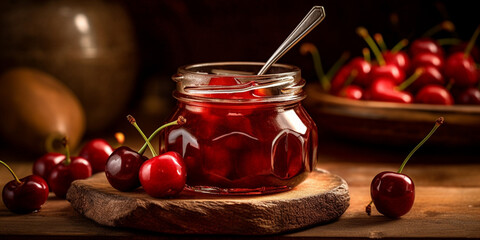 Bowl of cherry jam in the glass jar with cherry fruits on the table. Wooden background. AI Generative - obrazy, fototapety, plakaty