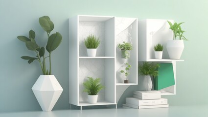White bookshelf design with plants and books over wall