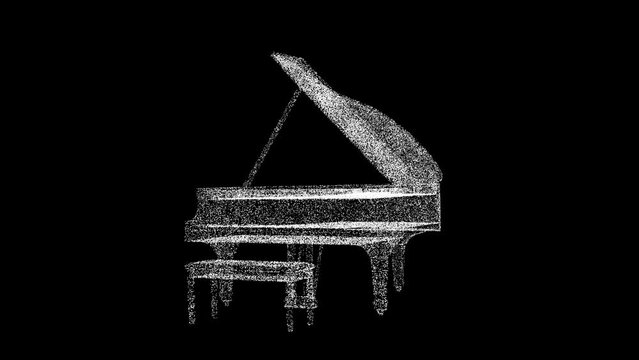 3D Grand piano rotates on black background. Classical music concept. Learning to play the piano. Business advertising backdrop. For title, text, presentation. 3d animation 60 FPS