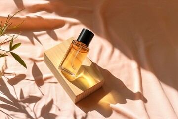 Perfume sample with yellow liquid on wooden tray lying on beige background with shadows above. Luxury and natural cosmetics presentation. Tester on woodcut in the sunlight. Shades, Generative AI - obrazy, fototapety, plakaty