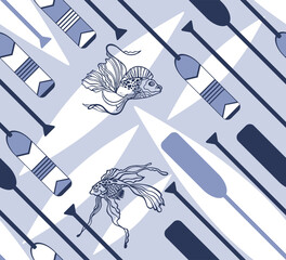 Vector seamless pattern with oars and fish. Geometric pattern in blue colors. Silhouettes of fish and a boat. Design for printing on fabric, textile, packaging, paper.