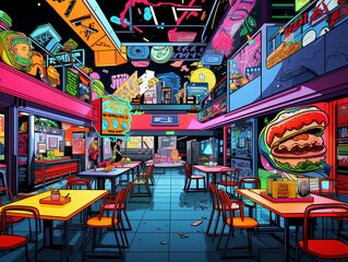 An Illustration of a 90s Mall Food Court, Filled with Neon Signs and Abstract Patterns