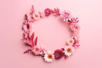Obraz na płótnie Canvas Different small flowers in a wreath on pink background with copy space. Abstract natural floral frame layout with text space. Wedding, International Women day, Mother, Generative AI