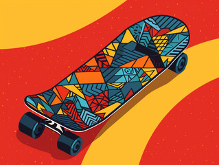 An Illustration of a Bold 90s Patterned Skateboard