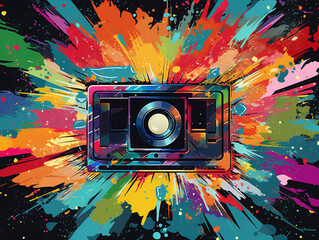 An Illustration of a VHS Cassette Tape Surrounded by Colorful Static