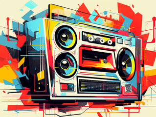Fototapeta premium An Illustration of an Old School Boombox with a Cassette Tape Deck, Surrounded by Abstract Shapes