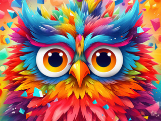 An Illustration of an Owl, Surrounded by Bright and Bold Shapes