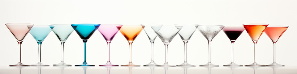 a row of multicolored cocktails isolated on a white background.