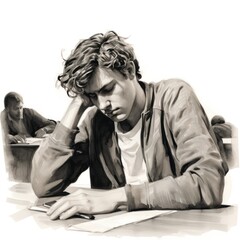 Black and white iIllustration of a young man male student at his exam with his eyes down in depression