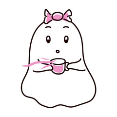 Ghost with cup of tea in doodle style. Vector illustration isolated on a white background.