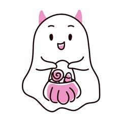 Ghost with horns and a basket of sweets in doodle style. Vector illustration isolated on a white background.