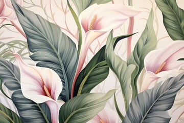Floral motif with calla lily and palm leaves, in soft pastel tones. Generative AI