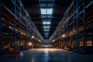 Empty industrial warehouse with racks at dusk. Generative AI - obrazy, fototapety, plakaty