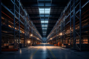 Fotobehang Empty industrial warehouse with racks at dusk. Generative AI © Kamila