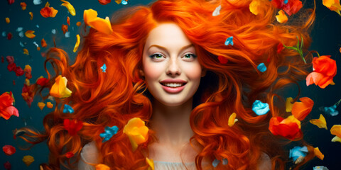 beautiful gorgeous red-haired girl with flowers in volume hair and with blue eyes. beauty concept