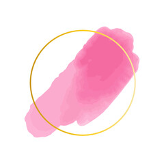 Watercolor frame. Pink brush strokes, golden round figures, splash texture. Pink pastel colors. Wedding, valentine or birthday cards decor. Abstract paint stains. Decorative vector banner