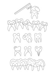 Cute doodle teeth characters set with caries, implant, tooth crown, teeth with dental braces and clear aligners. Oral hygiene concept. Dental care and treatment. Teeth cleaning and prevention.