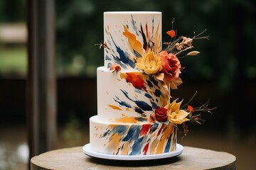 Naklejka na ściany i meble Artistic boho wedding cake adorned with painted watercolors and color splashes. Generative AI