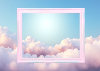 A vibrant pink frame draws attention to the ethereal sky, full of billowing clouds that appear to be captured in a screenshot of a beautiful outdoor scene